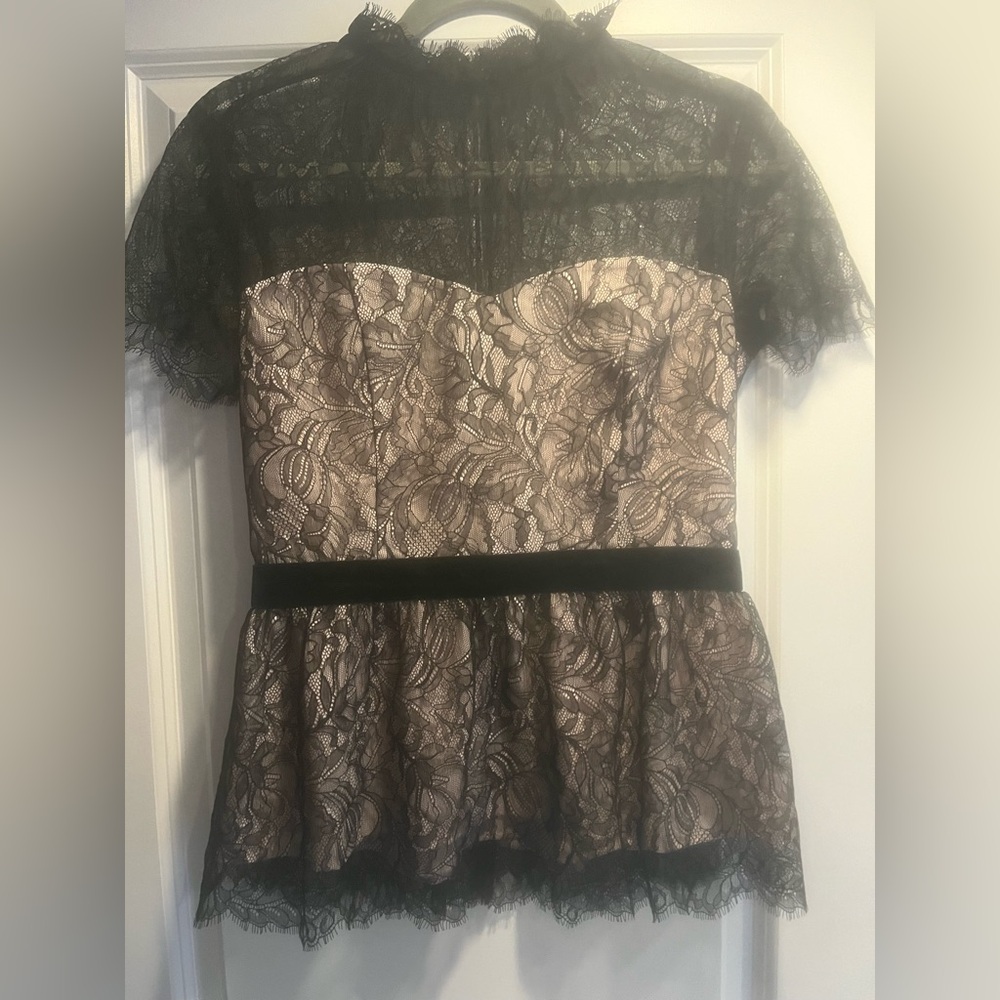 White House Black Market Black Lace Overlay Nude Peplum Blouse